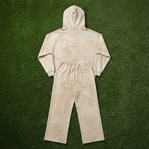 Ensemble sweat à capuche oversize beige délavé et pantalon de survêtement large pour femme, en molleton de coton, style streetwear, OEM ODM - Product Image 6