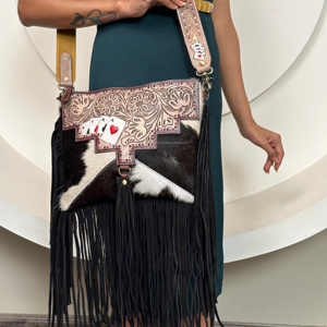 New Handmade Western Stylish Hair on <b>Tooled</b> Cowhide <b>Leather</b> Fringe Purse Boho Unique Deck of Cards Gambler Cowgirl Crossbody Bag - Product Image 2