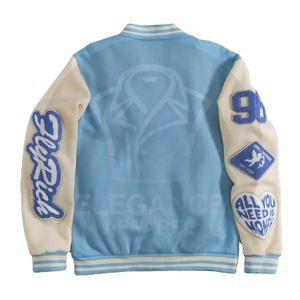 Patchwork Blanco Azul Contraste Color Buena Venta Diseño único Adulto Ropa exterior Durable Breasted College Baseball Varsity Jacket - Product Image 3