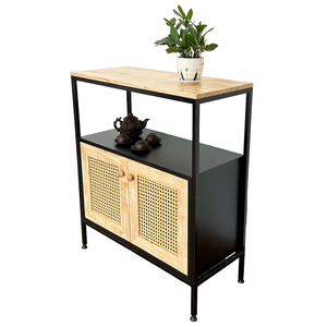 Meuble de rangement décoratif industriel moderne KTB68121 avec porte en rotin et structure en fer pour salon, salle à manger, entrée - Product Image 2