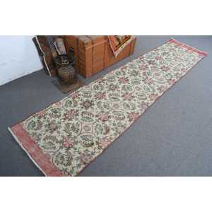 Turkish 2.5x9.8 ft Rug, Vintage <b>Runner</b> Rug, <b>Red</b> Floral Rug - Product Image 2