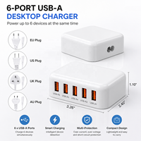 Chargeur GaN 30W à 6 ports, station de charge de bureau multi-USB avec câble d'alimentation de 1,5 m, chargeur rapide pour téléphone portable et petits appareils