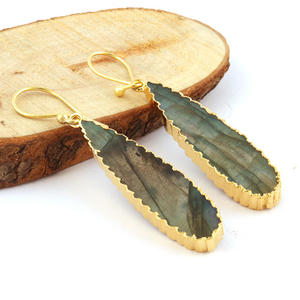 Collection élégante labradorite feu naturel longue poire forme boucle d'oreille en laiton plaqué or bijoux de mode pour femmes - Product Image 3