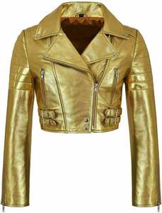 <b>Ladies</b> Gold <b>Cropped</b> Motorcycle Foiled Leather Biker <b>Jacket</b> Lambskin Classic <b>Jacket</b> Wholesale Factory Customised - Product Image 4