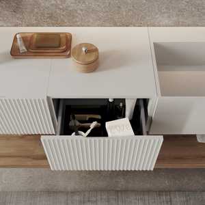 Mobile Bagno Sospeso Rota Design 140cm in Bianco e Legno Color Miele con Eleganti Lavabi - Product Image 4