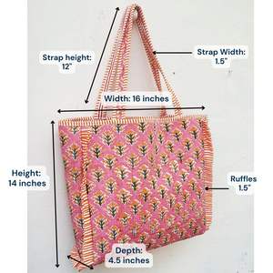 Summer Autumn Spring Travel Shopping Quilted Tote <b>Bag</b> for Pink Hand Block Printed with Elegant Ruffled <b>Sides</b> Stylish Zipper - Product Image 5