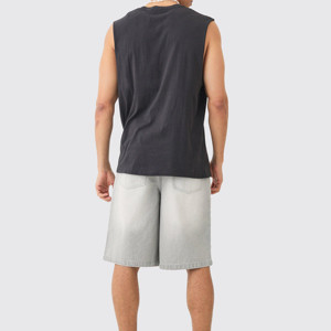 Shorts holgados para hombre, color gris claro, estilo jorts de mezclilla, corte relajado, cintura media, largo hasta la rodilla, diseño clásico de 5 bolsillos, mezcla de algodón. - Product Image 5