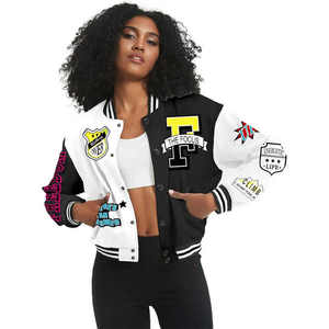 Women's Cropped Varsity <b>Jacket</b> for Winter Breathable Chenille Embroidered <b>Patches</b> Contrast Panel Arrival - Product Image 6