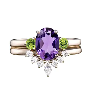 Высокое качество Фиолетовый аметист перидот ореол кольцо однотонное 925 стерлингового серебра смешенная цена ювелирные изделия на заказ обручальное кольцо