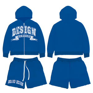 Conjuntos de pantalones cortos y sudaderas con capucha y cremallera de algodón 100% para hombre, ropa de calle OEM alta con logotipo personalizado, conjunto de pantalones cortos de 2 piezas, chándal informal para hombre - Product Image 6