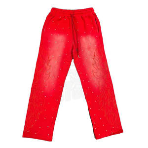 Streetwear personnalisé pour hommes, pantalons de survêtement pour hommes, lavés à l'acide, délavés au soleil, coupe baggy évasée avec strass à la taille et plissé - Product Image 4