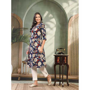 Kurta Recta de Algodón con Estampado Floral Azul para Mujer, Cuello Redondo, Largo hasta la Pantorrilla, Primavera/Verano, Top de Popelina XL, Estilo Coreano con Patrón a Cuadros - Product Image 2