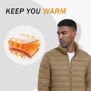 Veste matelassée légère pour hommes, manteau d'hiver matelassé sans capuche avec fermeture éclair complète pour la randonnée en plein air, le voyage, tenue décontractée - Product Image 3