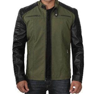 Men's <b>Racer</b> <b>Jacket</b> Green Cotton Body with Genuine Black Lambskin Leather Sleeves Custom Double Front Zip Hooded Collar - Product Image 1