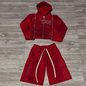 Conjunto Deportivo Personalizado de Alta Calidad para Hombre, Pantalones Deportivos Acampanados y Sudadera con Capucha, Conjunto de Algodón con Cremallera y Pedrería - Product Image 5