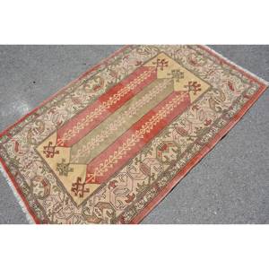 Alfombra Vintage de Lana, Color Rojo y Beige de Anatolia, 3,5X5,8 Pies, Área Grande, Diseño de Retazos Rectangulares para Habitación de Adolescentes, Pasillo con Respaldo de Látex - Product Image 2