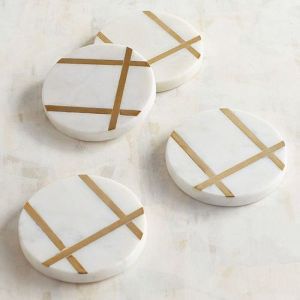 Posavasos de mármol para restaurante, accesorios decorativos de mesa de té, posavasos de mármol blanco con posavasos de piedra de latón - Product Image 2