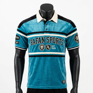 T-shirt de rugby pour homme en tissu tricoté polyester-coton durable, rayures bleu-vert et noir, logo personnalisé par sublimation. Polos de rugby pour homme. - Product Image 4