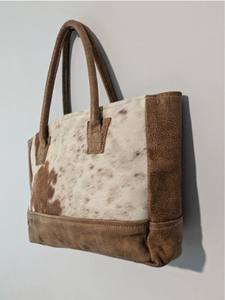 Vintage Brown White Cowhide Leather Tote <b>Bag</b> Comfort Shoulder Strap Women's Genuine Leather Western-Style Bucket Purse Lady - Product Image 5