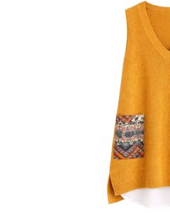 Gilet en tricot sans manches pour femme Mustard, col en V, avec poches à motifs, décontracté, superposition d'hiver, fabricant personnalisé OEM - Product Image 3
