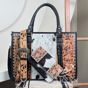 Fashion Ladies High Quality 2 Piece Combo Set Hand Tooled Leather <b>Tote</b> Handbag & Hand Tooled Cowhide Leather Clutch for Women's - Product Image 1