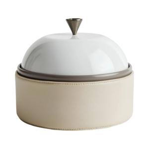 Elegante olla para servir de cuero blanco con tapa de metal brillante, perfecta para comidas elegantes y uso diario en la cocina de la India - Product Image 1