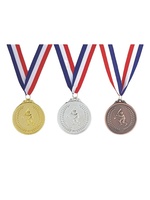 Médaille en métal personnalisable (or, argent, cuivre, cristal) pour compétition sportive, avec ruban, taille et logo personnalisables, finition polie