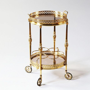 Two-tier serving trolley, ornate gold metal frame with <b>dark</b> <b>wood</b> <b>shelves</b>. Available at wholesale price. - Product Image 5