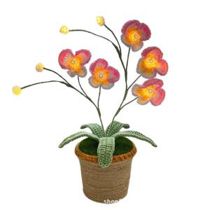 Fleurs artificielles Phalaenopsis en pot, finies, avec lumières LED, en fil tricoté à la main, pour décoration de Noël et de la maison, petites, pour l'exportation transfrontalière - Product Image 1
