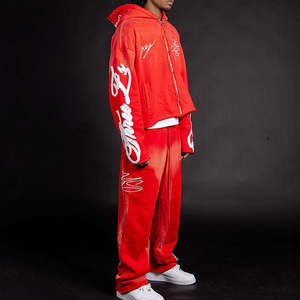 Chándales lavados Vintage de peso pesado, ropa de calle, chándal, parche bordado con logotipo personalizado, conjuntos de dos piezas con capucha y pantalones de chándal para hombre - Product Image 3