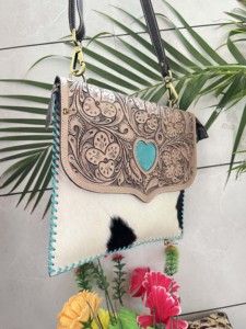 Sac à main en cuir de fourrure de vachette pierre Turquoise orné de gitane Style Boho outillé à la main sac à bandoulière occidental multi-usage élégant - Product Image 2