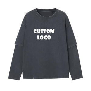 Lo último en camisetas de manga larga de doble capa de algodón 100% para hombre, ropa de calle, camisetas lavadas con ácido gris con gráfico pesado de punto - Product Image 4