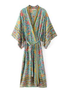 Robe Kimono légère en coton à fleurs de luxe Vintage mode été Robe de chambre ceinture manches larges vêtements de détente pour femmes - Product Image 3