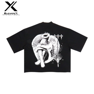 เสื้อยืดฮิปฮอปทรงครอปผู้ชาย ผ้าฝ้าย 100% ทรงโอเวอร์ไซส์ ล้างสีแบบแอซิด พิมพ์ลายสกรีน สีดำ ยูนิเซ็กส์ น้ำหนัก 280 GSM เสื้อยืดเนื้อหนา - Product Image 1