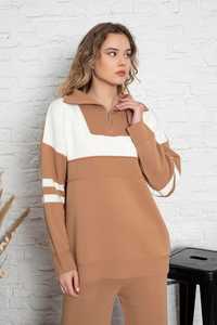 Conjunto de dos piezas de gran tamaño con cremallera a rayas de punto para mujer de alta calidad, ropa informal, ropa de oficina, conjunto de pantalones y suéter - Product Image 6