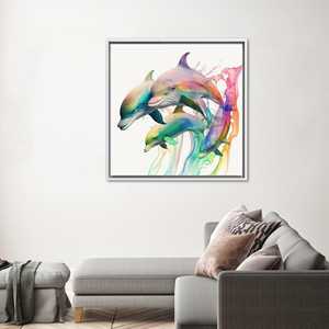 Art sur toile de dauphin aux couleurs vives : décoration murale moderne en verre trempé, toile encadrée blanche - Product Image 1