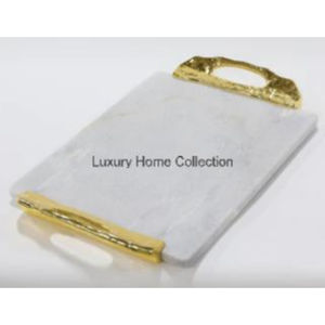 Plateau de service en marbre aspect royal avec poignée en fonte d'aluminium doré en forme de rectangle pour décor de cuisine présentoir de table - Product Image 1