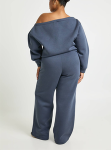 Conjunto Deportivo Holgado de Moda Urbana Estadounidense con Hombros Descubiertos para Mujer, Personalizado con Bordado Esencial y Estampado Puff - Product Image 6