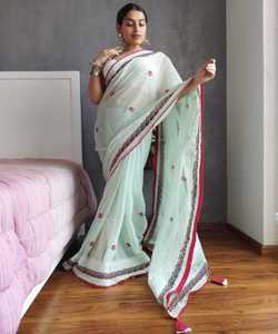 Saree avec chemisier Beige fête porter concepteur vêtements de mariage dentelle bordure soies Saris inde vert femmes adultes inde et Pakistan 500 Alphanumero - Product Image 3