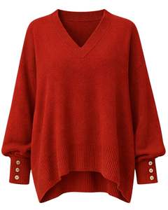 Suéter de Punto Extra Grande para Mujer, Color Rojo Óxido, Personalizado, Cuello en V, Diseño con Botones en los Puños, Suave, Informal, Holgado, para Invierno - Product Image 1