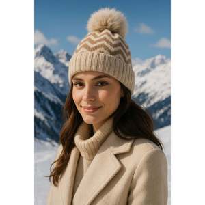 Fluffy <b>Pom</b>-<b>Pom</b> Beige Knitted Wool <b>Beanie</b> <b>with</b> Ear Protection, Warm Winter <b>Beanie</b> Beanie1128 - Beige - Product Image 2