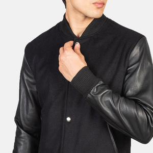 Veste en cuir Varsity pour homme de style High Street en coton noir 100% avec doublure en polyester peau de mouton et bouton pression pour le travail - Product Image 6