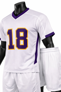 Ensemble de maillots de football personnalisés sublimés blanc, violet, or, col en V, manches courtes, anti-transpiration, uniforme unisexe pour adultes 18 - Product Image 6
