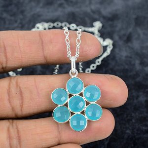 Aqua Calcedony Gemstone 925 Argent Plaqué Fleur Collier Pour Femmes Fine Pendentif Chaîne Collier Mariage Collier Cadeaux Pour Elle - Product Image 2