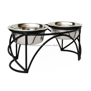 Fil de fer noir dôme surélevé look double diner ovale haute station d'alimentation avec conception en os 2 bols chats et chiens mangeoires - Product Image 1