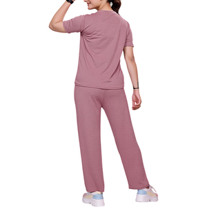 Women's <b>Pink</b> Casual <b>Tracksuit</b> <b>Set</b> Short Sleeve Crew Neck Loose Full Length Pants Breathable Lightweight Solid Color Spring Wear - Product Image 5