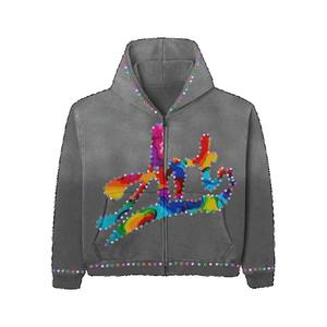 Style américain mode 100% coton full zipper street hoodie sweatshirt gemstone pullover hommes femmes Washed cloutded tops - Product Image 5