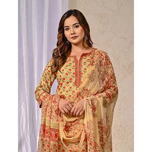 Ensemble ethnique Kurta et pantalon en coton imprimé au bloc Mehendi avec bandana - Product Image 1