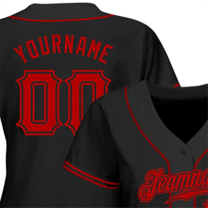 Maillot de baseball noir pour femme avec bordure rouge, col en V, manches courtes, personnalisable avec nom et numéro d'équipe, en polyester respirant, style ajusté - Product Image 6