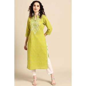 Kurta Recta Bordada en Popelina Verde Lima para Mujer - Product Image 2